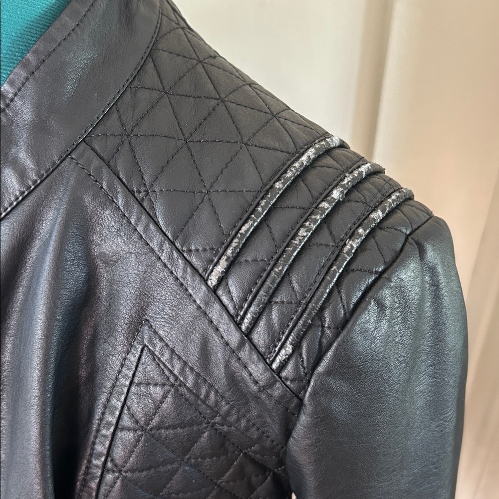 Black Moto-Style Pleather/Vegan Leather Jacket - Picture 4 of 5